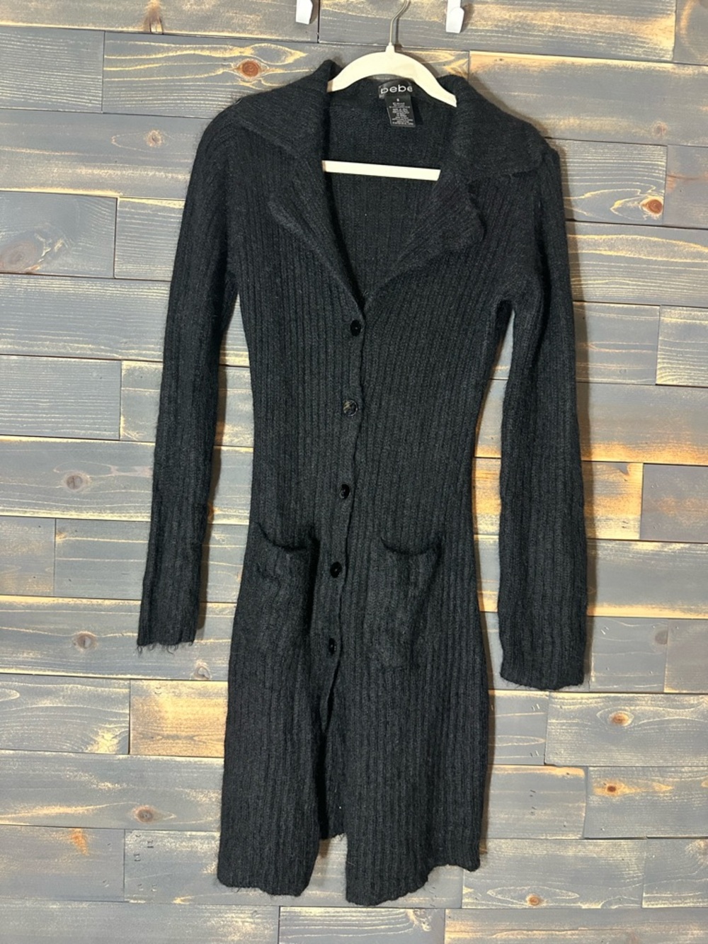 bebe Black Ribbed Long Cardigan Sweater (Mohair and Wool)